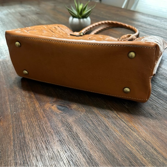 Adeline Cognac Tan Brown Gold Tooled Cutout Leather Satchel shoulder tote bag - Picture 3 of 16